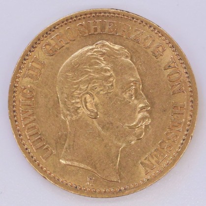 Münze: 20-Mark-Stück des Grossherzogtums Hessen-Darmstadt, geprägt in Darmstadt zur Zeit von Grossherzog Ludwig III. (1848–1877), aus dem Nachlass von Karl Asmund Kappeler (1844–1924), Kaufmann in Kolumbien