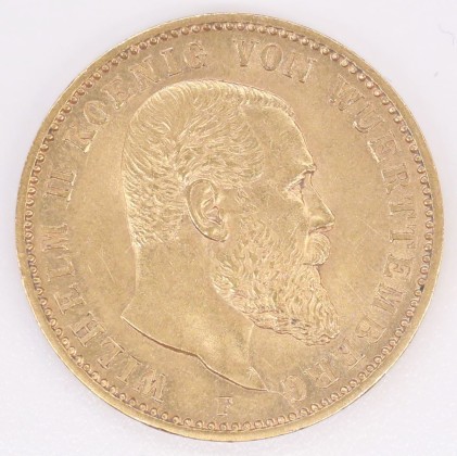 Münze: 20-Mark-Stück des Königreichs Württemberg, geprägt in Stuttgart zur Zeit von König Wilhelm II. (1891–1918), aus dem Nachlass von Karl Asmund Kappeler (1844–1924), Kaufmann in Kolumbien