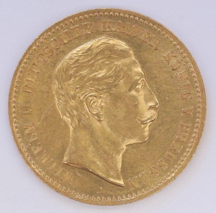 Münze: 10-Mark-Stück des Königreichs Preussen, geprägt in Berlin zur Zeit des deutschen Kaisers und Königs von Preussen Wilhelm II. (1888–1918), aus dem Nachlass von Karl Asmund Kappeler (1844–1924), Kaufmann in Kolumbien