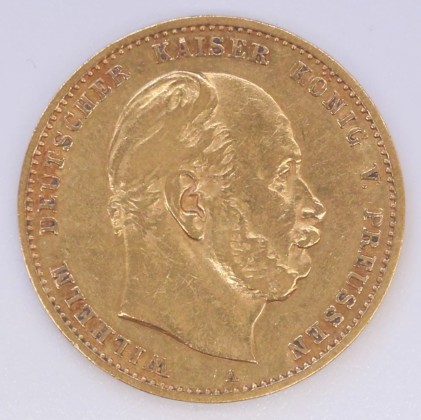 Münze: 10-Mark-Stück des Königreichs Preussen, geprägt in Berlin zur Zeit des deutschen Kaisers und Königs von Preussen Wilhelm I. (1861–1888), aus dem Nachlass von Karl Asmund Kappeler (1844–1924), Kaufmann in Kolumbien