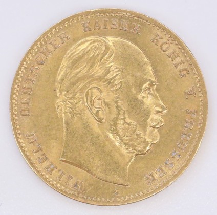 Münze: 10-Mark-Stück des Königreichs Preussen, geprägt in Berlin zur Zeit des deutschen Kaisers und Königs von Preussen Wilhelm I. (1861–1888), aus dem Nachlass von Karl Asmund Kappeler (1844–1924), Kaufmann in Kolumbien
