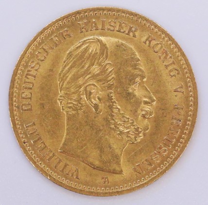 Münze: 5-Mark-Stück des Königreichs Preussen, geprägt in Berlin zur Zeit des deutschen Kaisers und Königs von Preussen Wilhelm I. (1861–1888), aus dem Nachlass von Karl Asmund Kappeler (1844–1924), Kaufmann in Kolumbien