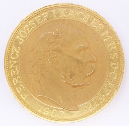 Münze: 100-Kronen-Stück des Königreichs Ungarn, geprägt in Kremnitz (heute Kremnica in der Slowakei) zur Zeit von Franz Joseph I. (1848–1916), Kaiser von Habsburg-Österreich, aus dem Nachlass von Karl Asmund Kappeler (1844–1924), Kaufmann in Kolumbien