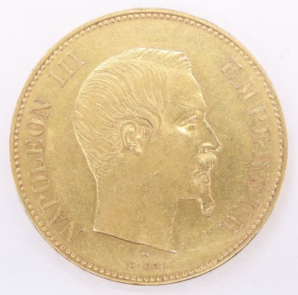 Münze: 100-Francs-Stück des Kaiserreichs Frankreich, geprägt in Paris zur Zeit von Kaiser Napoléon III. (1852–1870), aus dem Nachlass von Karl Asmund Kappeler (1844–1924), Kaufmann in Kolumbien