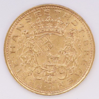 Münze: 10-Mark-Stück der Stadt Bremen, geprägt in Hamburg, aus dem Nachlass von Karl Asmund Kappeler (1844–1924), Kaufmann in Kolumbien