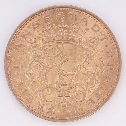 Münze: 20-Mark-Stück der Stadt Bremen, geprägt in Hamburg, aus dem Nachlass von Karl Asmund Kappeler (1844–1924), Kaufmann in Kolumbien