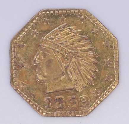 Münze: Scheidemünze (Token) im Wert von 1/2-Dollar-Stück, geprägt in Kalifornien, aus dem Nachlass von Karl Asmund Kappeler (1844–1924), Kaufmann in Kolumbien