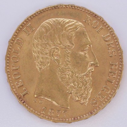 Münze: 20-Francs-Stück des Königreichs Belgien, geprägt in Brüssel zur Zeit von König Leopold II. (1865–1909), aus dem Nachlass von Karl Asmund Kappeler (1844–1924), Kaufmann in Kolumbien