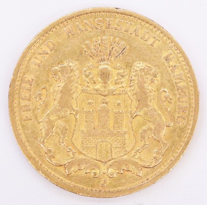 Münze: 20-Mark-Stück der Stadt Hamburg, geprägt in Hamburg, aus dem Nachlass von Karl Asmund Kappeler (1844–1924), Kaufmann in Kolumbien