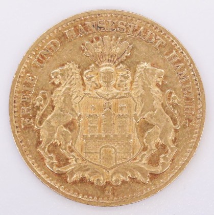 Münze: 10-Mark-Stück der Stadt Hamburg, geprägt in Hamburg, aus dem Nachlass von Karl Asmund Kappeler (1844–1924), Kaufmann in Kolumbien