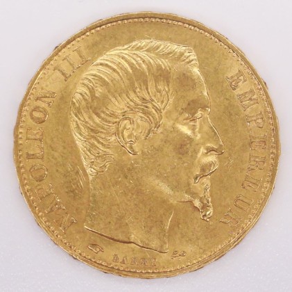 Münze: 20-Francs-Stück des Kaiserreichs Frankreich, geprägt in Paris zur Zeit von Kaiser Napoléon III. (1852–1870), aus dem Nachlass von Karl Asmund Kappeler (1844–1924), Kaufmann in Kolumbien