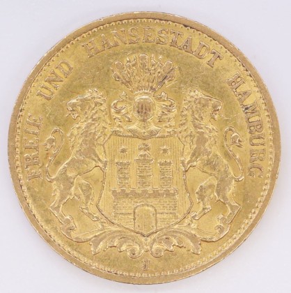 Münze: 20-Mark-Stück der Stadt Hamburg, geprägt in Hamburg, aus dem Nachlass von Karl Asmund Kappeler (1844–1924), Kaufmann in Kolumbien