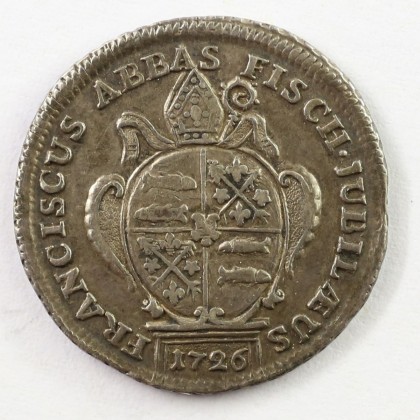 Medaille: Silberabschlag des Dukaten des Klosters Fischingen auf den 50. Jahrestag der ersten Messe des Abts Troger und auf den 500. Todestag der hl. Idda von Toggenburg, geprägt in Zürich zur Zeit von Abt Franz Troger von Altdorf (1688–1728)