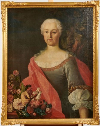 Gemälde: Hüftporträt von Catharina Stern-Rogg (1686–1770) aus Frauenfeld, Ehefrau des Matzinger Gerichtsschreibers und Wirts Johannes Stern