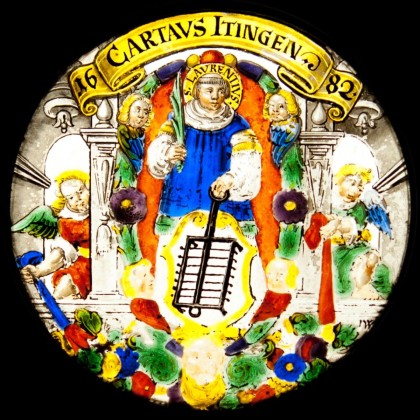 Glasmalerei: Runde Figurenscheibe mit hl. Laurentius, gestiftet in die Kartause Ittingen