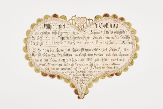 Totengedächtnis: Gedenkblatt an den im Alter von 6 Jahren verstorbenen Jungen Johannes Etter in Zuben (1806–1812), gewidmet vom Paten