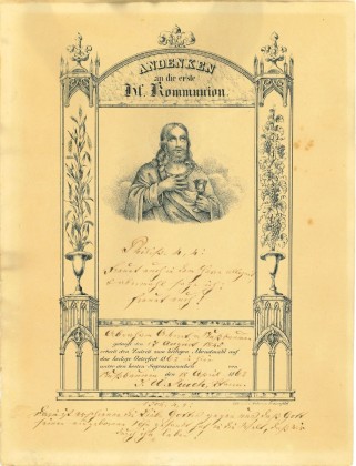 Grafik mit Handschrift: Andenken an die erste heilige Kommunion von Abraham Aekeret aus Nussbaumen, erteilt von Pfarrer Ulrich Huch