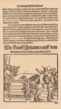 Grafik: Chronik des Konzils zu Konstanz, Seite aus der ersten Druckausgabe mit der Darstellung von Papst Johannes XXIII. (um 1370–1419) und seinem Kutschenunfall am Arlberg auf der Reise ans Konzil zu Konstanz 1414