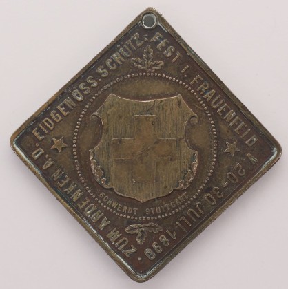 Medaille: Medaille auf das Eidgenössische Schützenfest 1890 in Frauenfeld, vermutlich als Anhänger verwendet, geprägt in Stuttgart