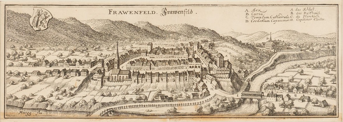 Druckgrafik mit Stadtansicht aus «Topographia Helvetiae confoederatae»