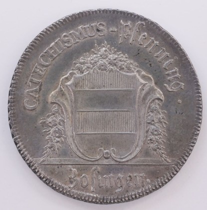 Medaille: Schulprämie für die städtische Schule in Zofingen (AG), sogenannter Katechismuspfennig für Schüler und Schülerinnen im Wert von 50 Kreuzern, welche im Rezitieren des Katechismus gute Leistungen erzielten, aus der ehemaligen Sammlung von Josef Sager (1905–1964)