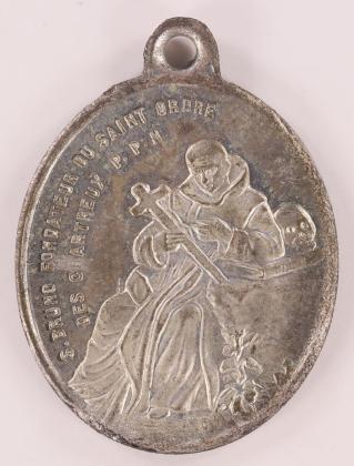 Medaille: Religiöse Medaille des Kartäuserordens oder des Bistums Belley (FRA), Heiligenmedaille für die Verehrung der Kartäuserheiligen Bruno von Köln und Anthelm von Belley, mit Tragöse, hergestellt in Frankreich