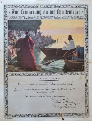 Grafik: Andenken an die Konfirmation von Lisette Gamper, überreicht von Pfarrer Richard Herman in Stettfurt, mit der Darstellung von Jesus Christus am See Genezareth, nach Matthäus 12, 9–10