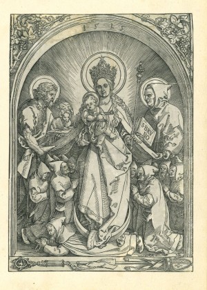 Grafik: Kartäuser Madonna mit Johannes dem Täufer und hl. Bruno, Darstellung einer Mondsichel- und Schutzmantelmadonna