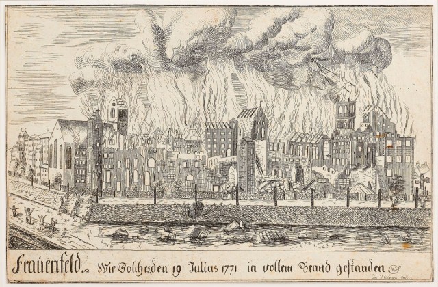 Grafik: Darstellung des ersten Stadtbrandes von Frauenfeld am 19. Juli 1771, Blick von Osten