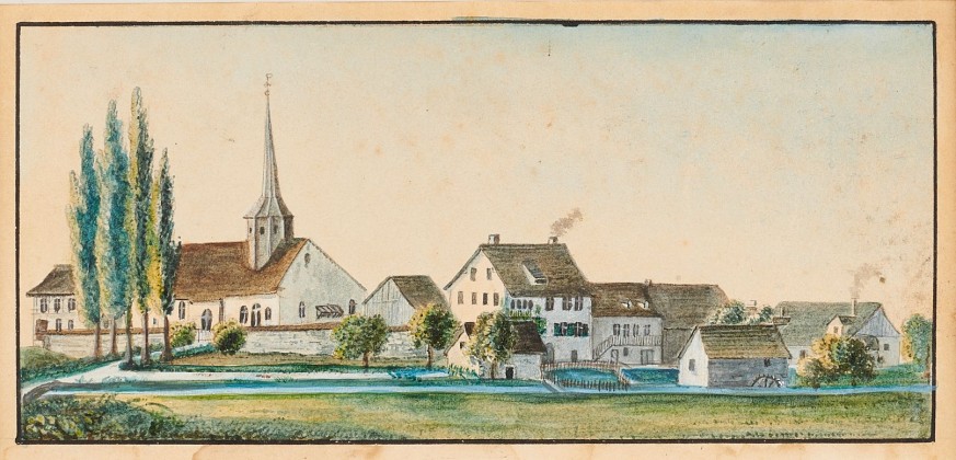 Malerei: Kurzdorf in Frauenfeld mit der Kirche St. Johann Baptist