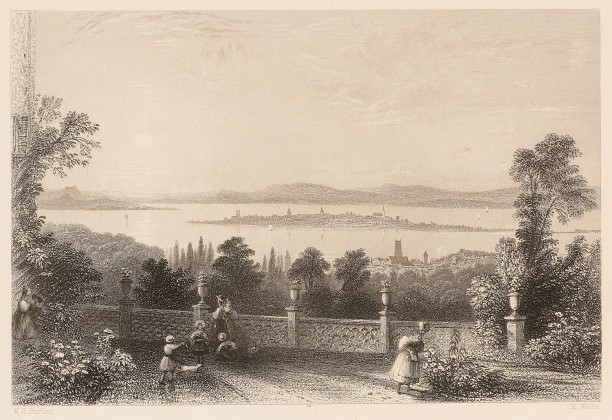 Grafik: Blick von Schloss Wolfsberg auf Ermatingen und die Insel Reichenau