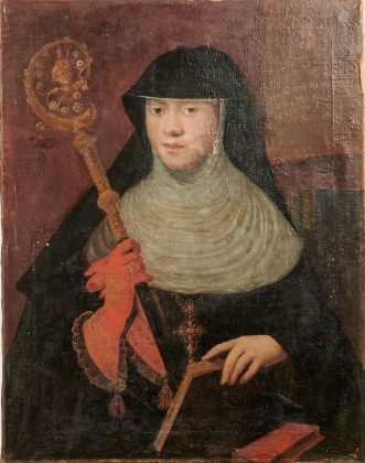 Gemälde: Halbfigurenporträt der Äbtissin Josepha Agnes Mühlgraber (1739–1818), Vorsteherin im Benediktinerinnenkloster Münsterlingen (1775–1818) mit Äbtissinnenstab und roten Handschuhen